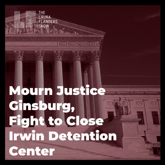 Visual Description: The Lincoln Memorial with the text Mourn Justice Ginsburg, Fight to Close Irwin Detention Center
