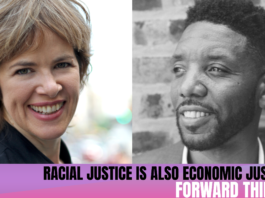 Visual Description: On the left half of the image is a photo of Laura Flanders, a white woman in hr 50s; on the left side is a black and white photo of Dax-Devlon Ross, a Black man in his late 30s. Underneath it says Racial Justice is Also Economic Justice, Forward Thinking.