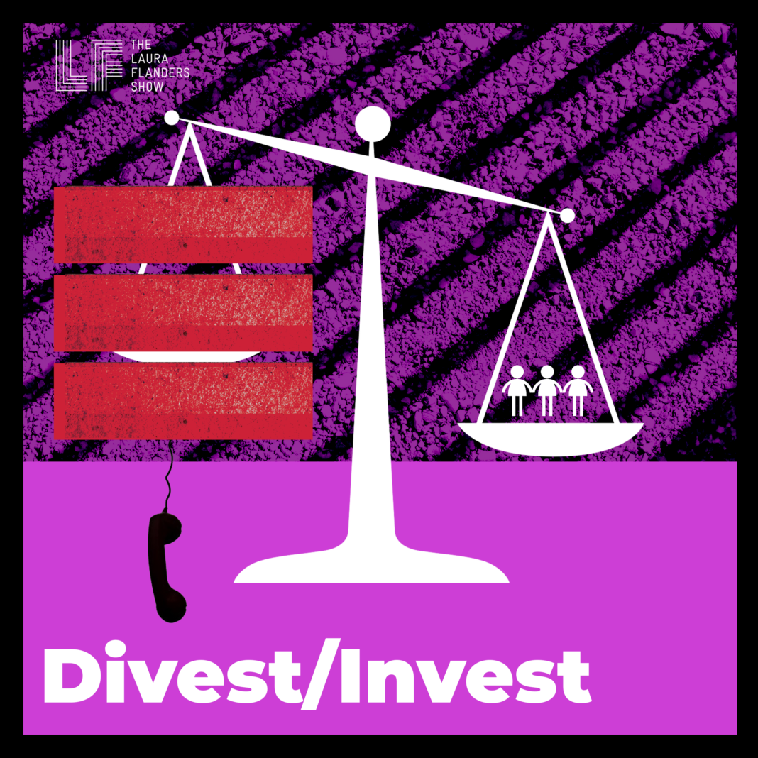 Visual Description: A scale with there people standing on one end and three red blocks on the other with a telephone hanging from them. Divest / Invest is written below.