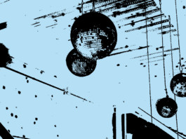 An illustration of hanging disco balls on a blue background.