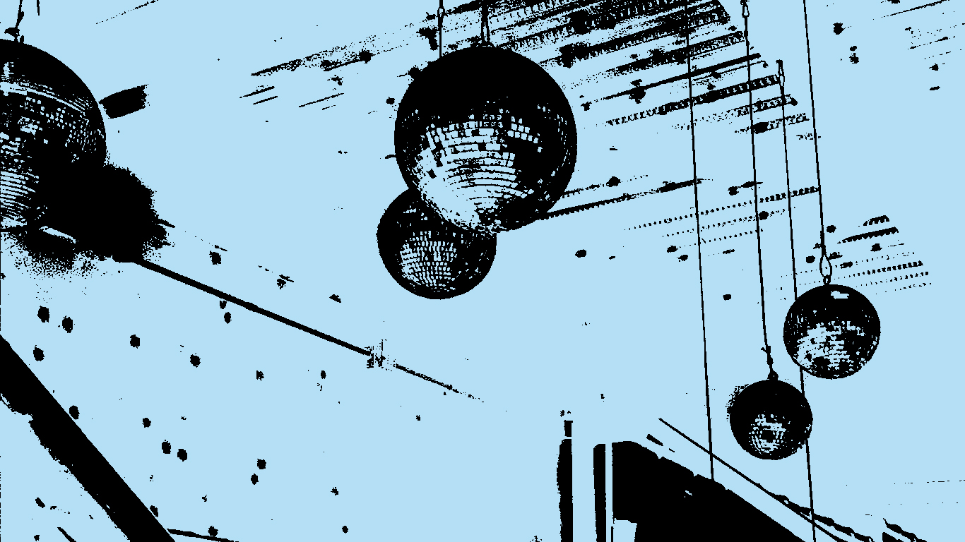 An illustration of hanging disco balls on a blue background.