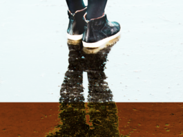 Illustration shows the reflection of a person wearing rainboots, on a white and maroon background.
