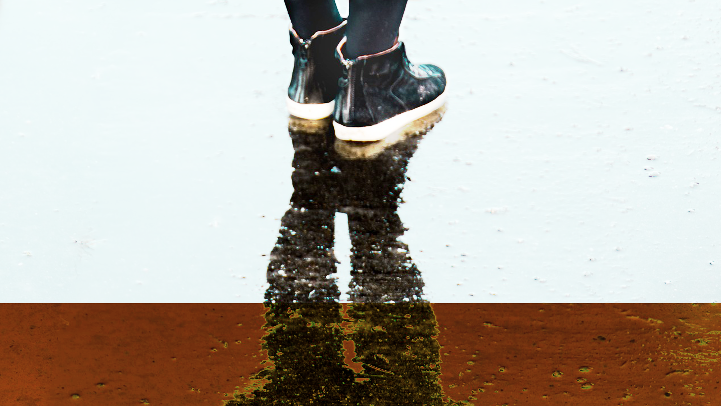 Illustration shows the reflection of a person wearing rainboots, on a white and maroon background.