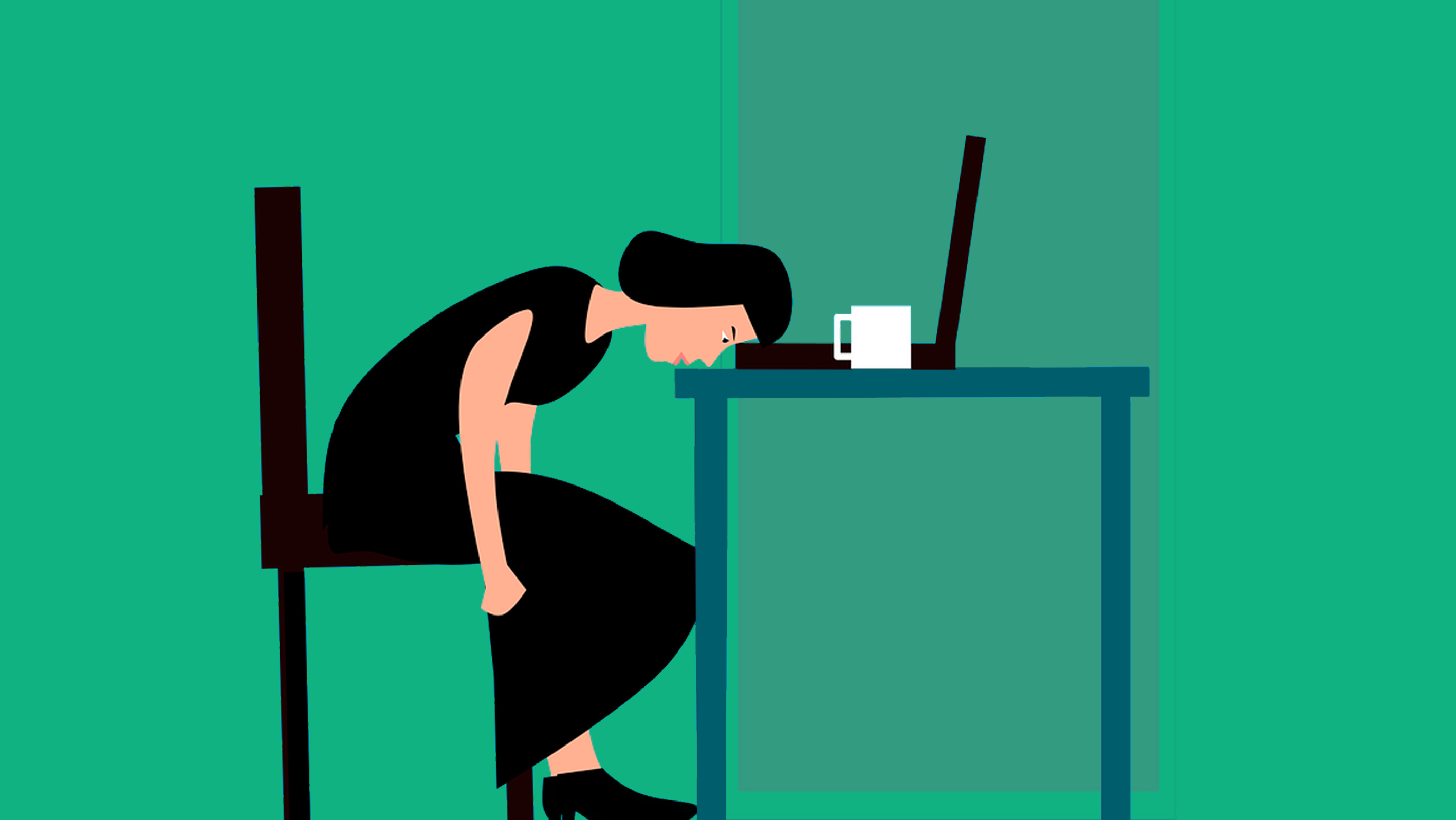 An illustration of a woman sitting. with her head on a desk, in front of a computer.
