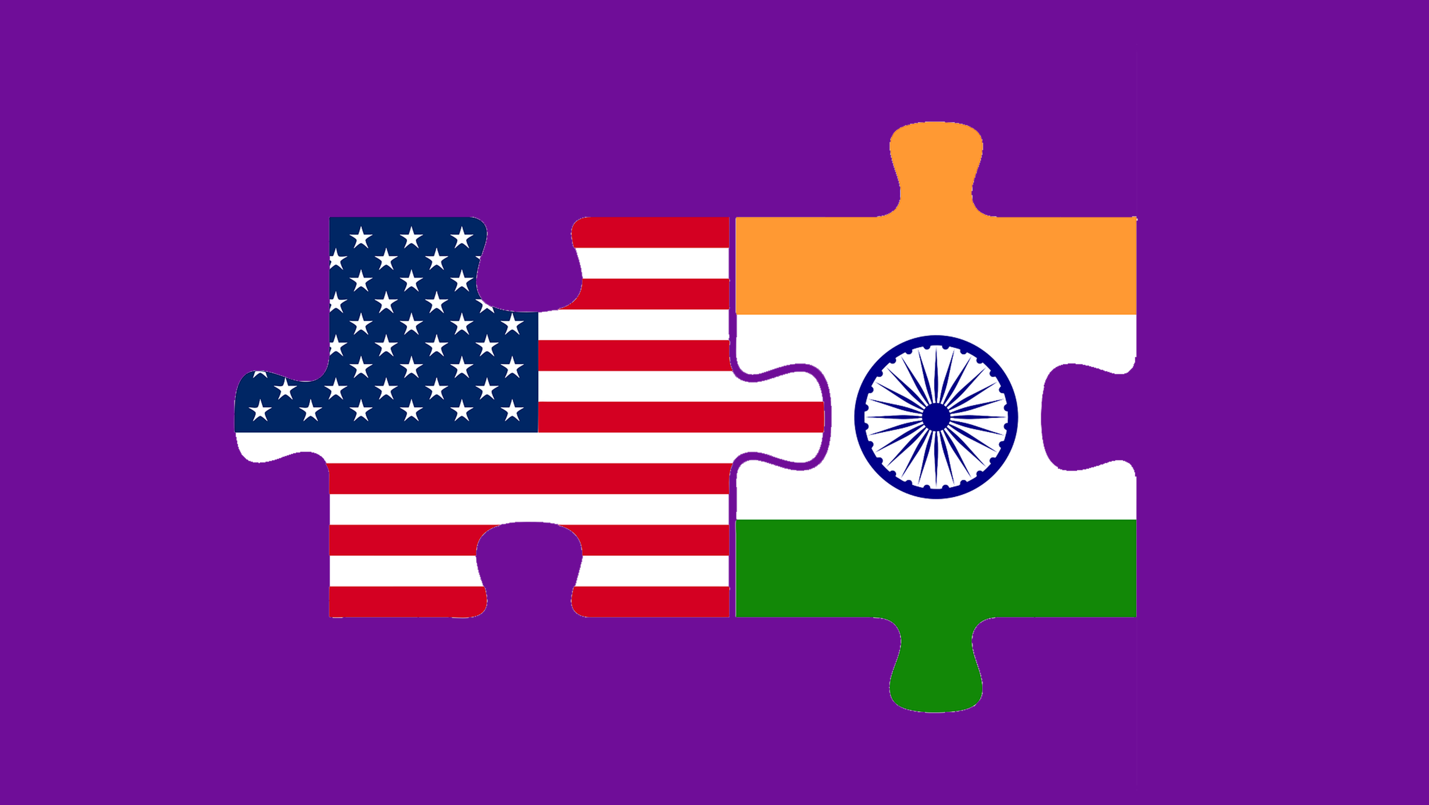 The American flag and the Indian flag are connected like two puzzle pieces, on a deep purple background.