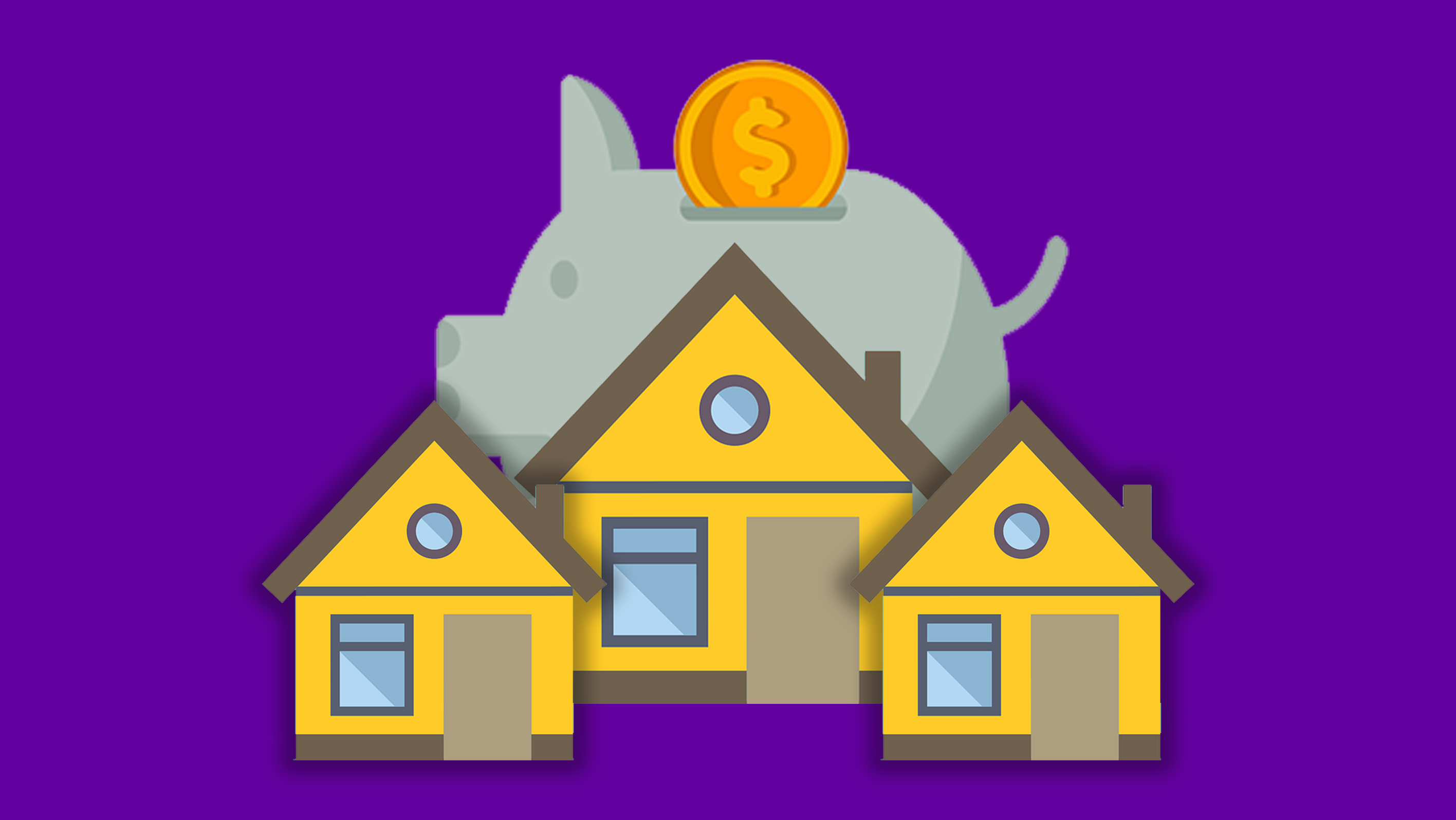 A graphic with three homes in front of a piggy bank,