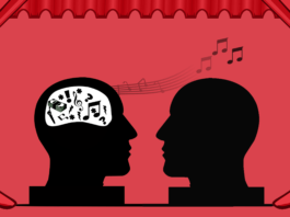 A graphic of two music industry professionals speaking on a red background with stage curtains. One person has a mind cluttered with music notes, a microphone, money and other objects. As they speak to another person, the objects are floating out as music notes.