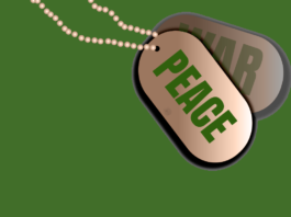Two bronze dog tags on a green backdrop. One chain says war, the other says peace.
