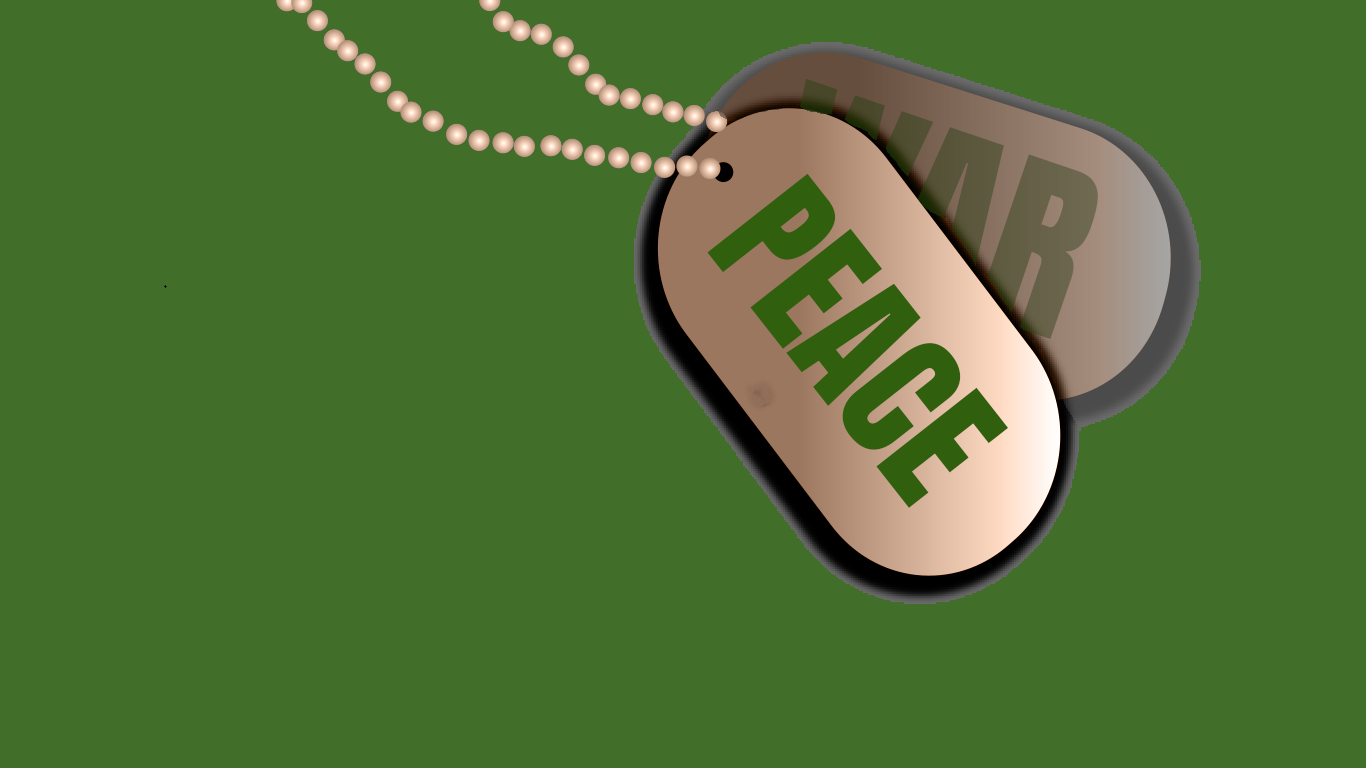 Two bronze dog tags on a green backdrop. One chain says war, the other says peace.
