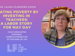 Photograph of Randi Weingarten on a purple gradient background. Text reads: Beating Poverty by Investing in Teachers: A Labor Story for May Day.