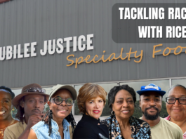 Jubilee Justice Specialty Foods building with text "Tackling Racism with Rice." Photos of Nwamaka Agbo, Myles Gaines, Donna Isaac, Ken Lee and Caryl Levine, Konda Mason, Shirley Sherrod and Bernard Winn.
