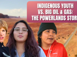 Photo of Laura Flanders, Ivey-Camille Manybeads Tso and Kim Smith with title: Indigenous Youth vs. Big Oil & Gas: The Powerlands Story.