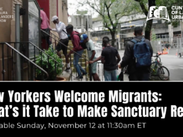 Photo of Migrants with text "New Yorkers Welcome Migrants: What's it Take to Make Sanctuary Real?"
