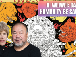 Ai Weiwei and Laura Flanders with text "Ai Weiwei: Can Humanity Be Saved?" Background is the book cover of "Zodiac: A Graphic Memoir."